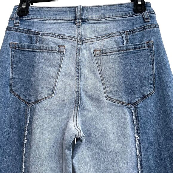 Rue21 JRs SZ 3 Festival Flare Jeans Hi-Rise Distressed Frayed Hems Two-Tone Boho - Picture 6 of 10